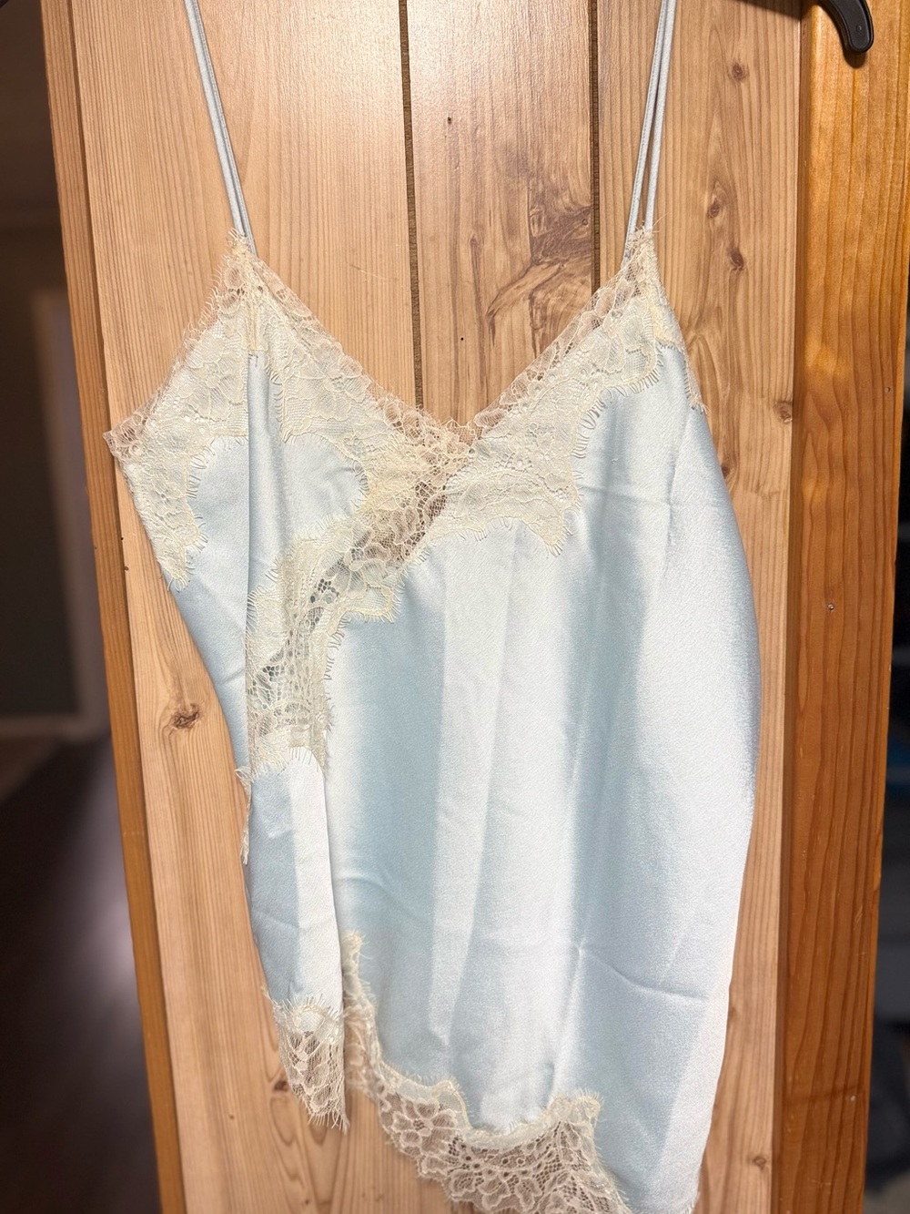 Light Blue Satin Chemise with Cream Lace Trim - Women's Slip